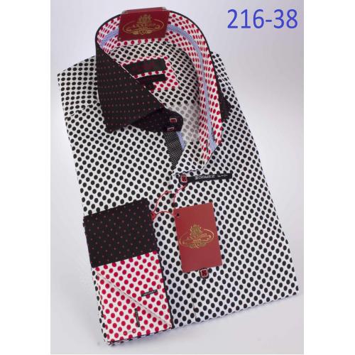 Axxess White / Black / Red Micro Polka Dot Handpick Stitching 100% Cotton Dress Shirt 216-38